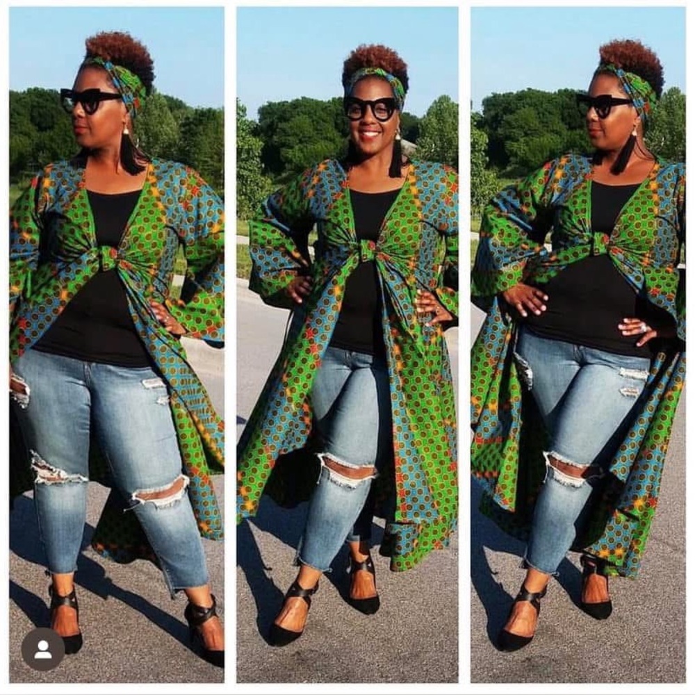 Green and Orange Patterned Long Kimono
